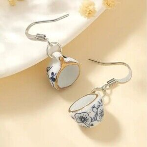"Charlotte" Tea Cup Design Dangle Earrings Blue and White Floral Pattern